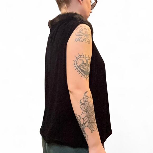 vintage goth velvet sleeveless black top with faux fur collar womens large - Picture 2 of 6
